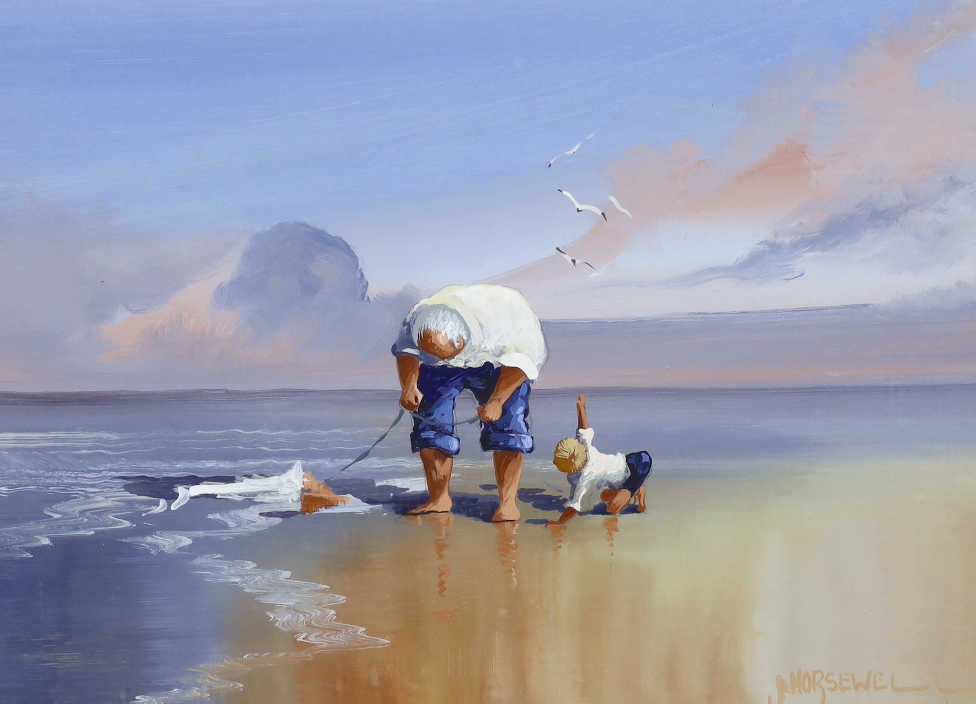 John Horsewell (b.1956) gouache, Beach scene with figures, 35 x 25cm